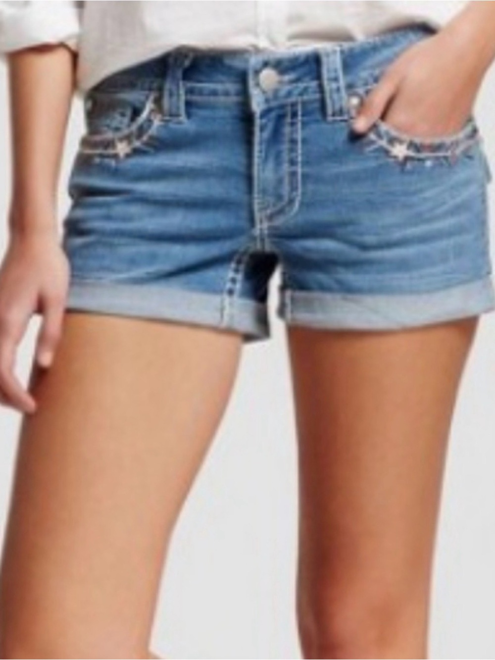 Knox Rose Americana Embellished Embroidered Midi Denim Jean Shorts Boho Size 10